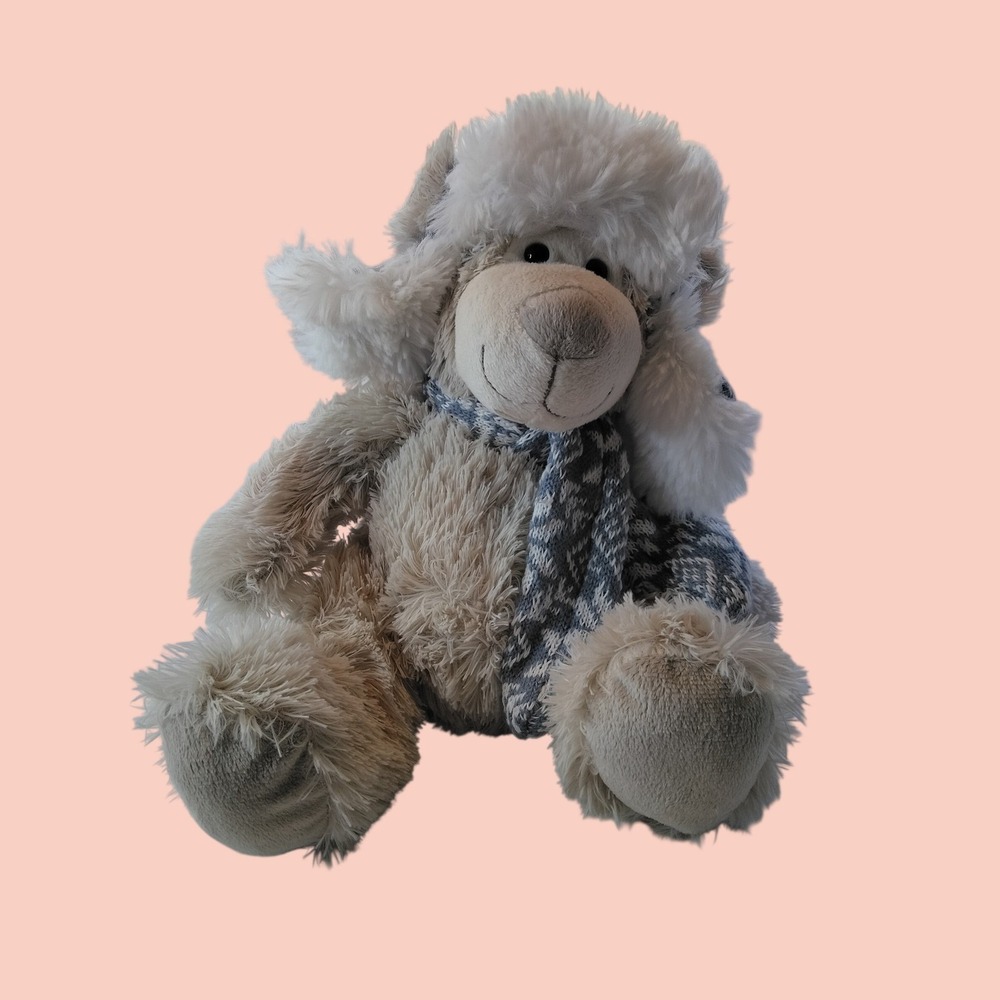 Ganz Winter Warm Bear Plush Tan Shaggy Fur with Trapper Hat and Snowflake Scarf